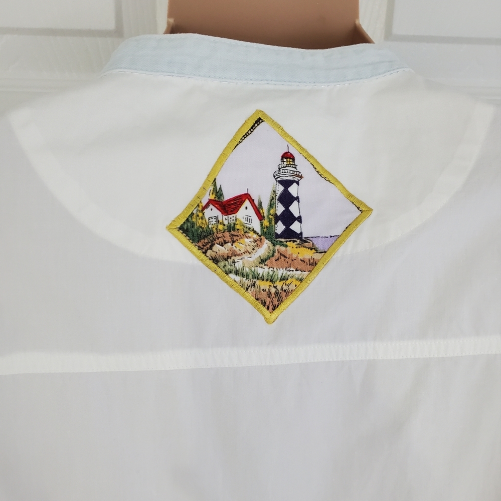 Quacker Factory Lighthouse Coast Button Down Cotton Shirt Womens 1X ~ Pre-Owned - Picture 9 of 12